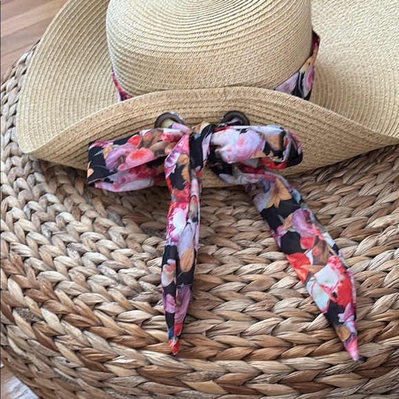 Tan Straw Sun Hat with Wide Brim and Decorative Floral Scarf Band - Picture 2 of 9